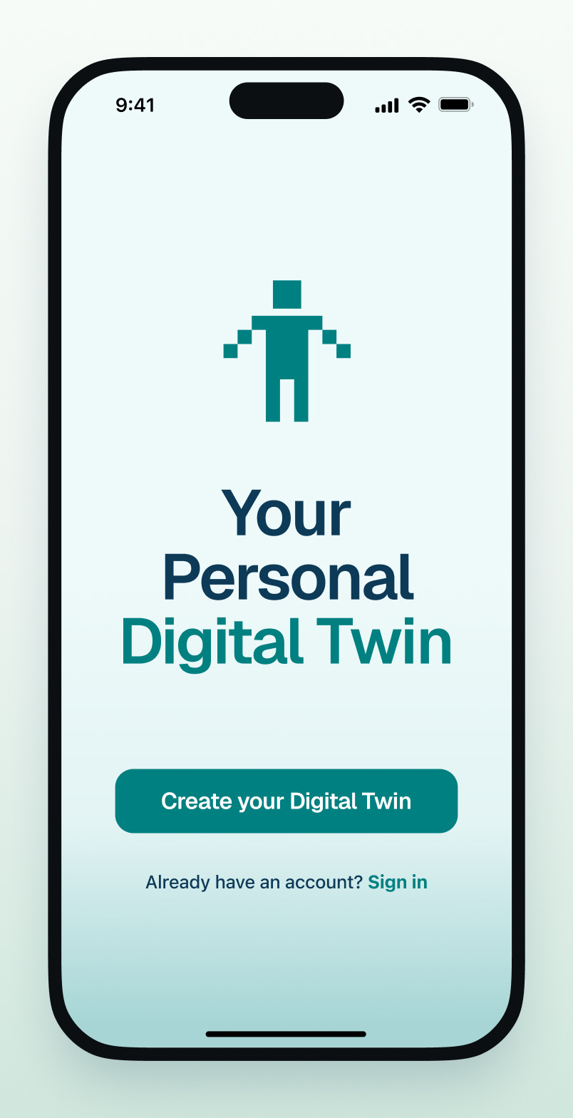 Twineo onboarding screen: Your Personal Digital Twin, with a Create your Digital Twin button
