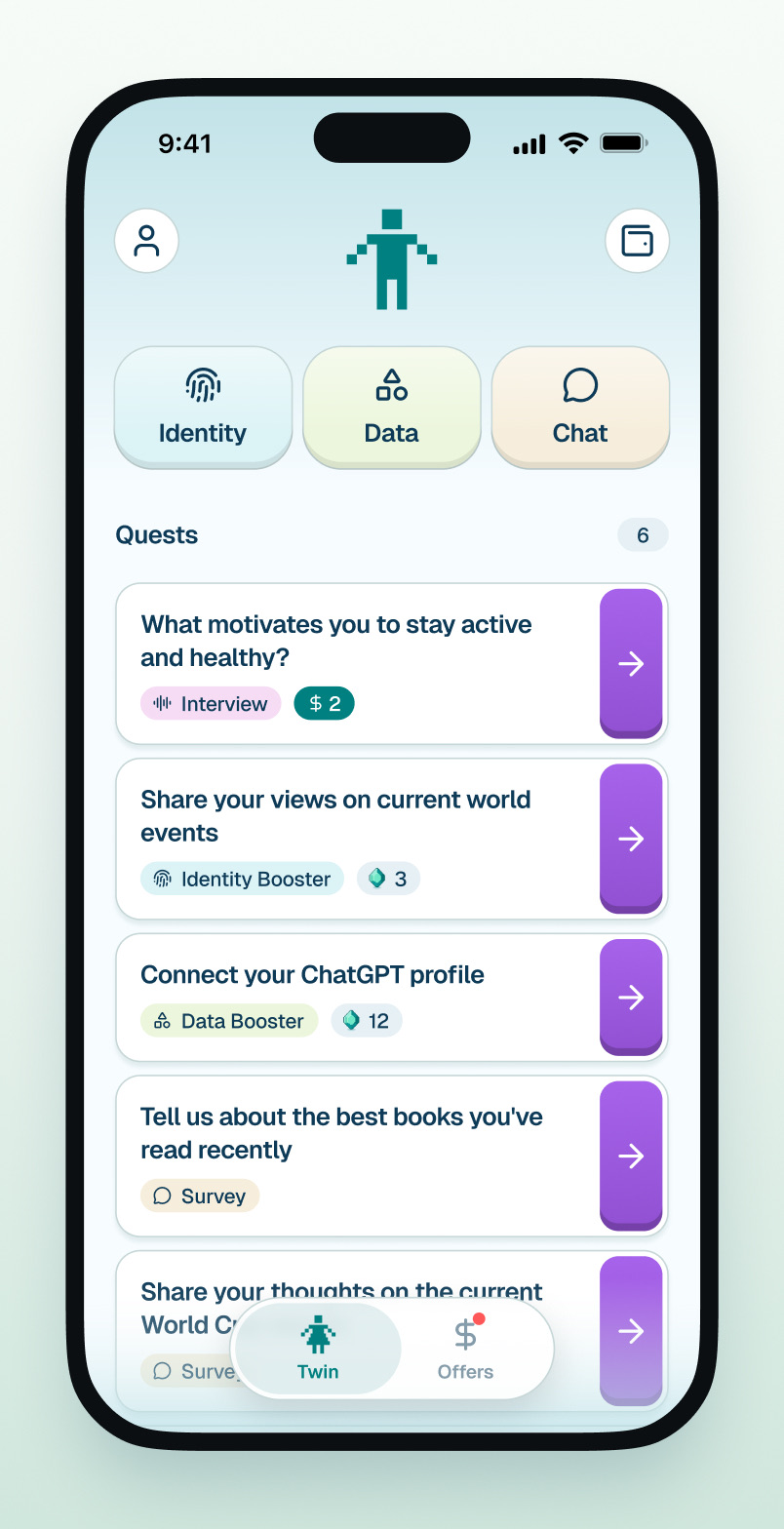 Twineo home screen with Identity, Data and Chat, above a list of Quests