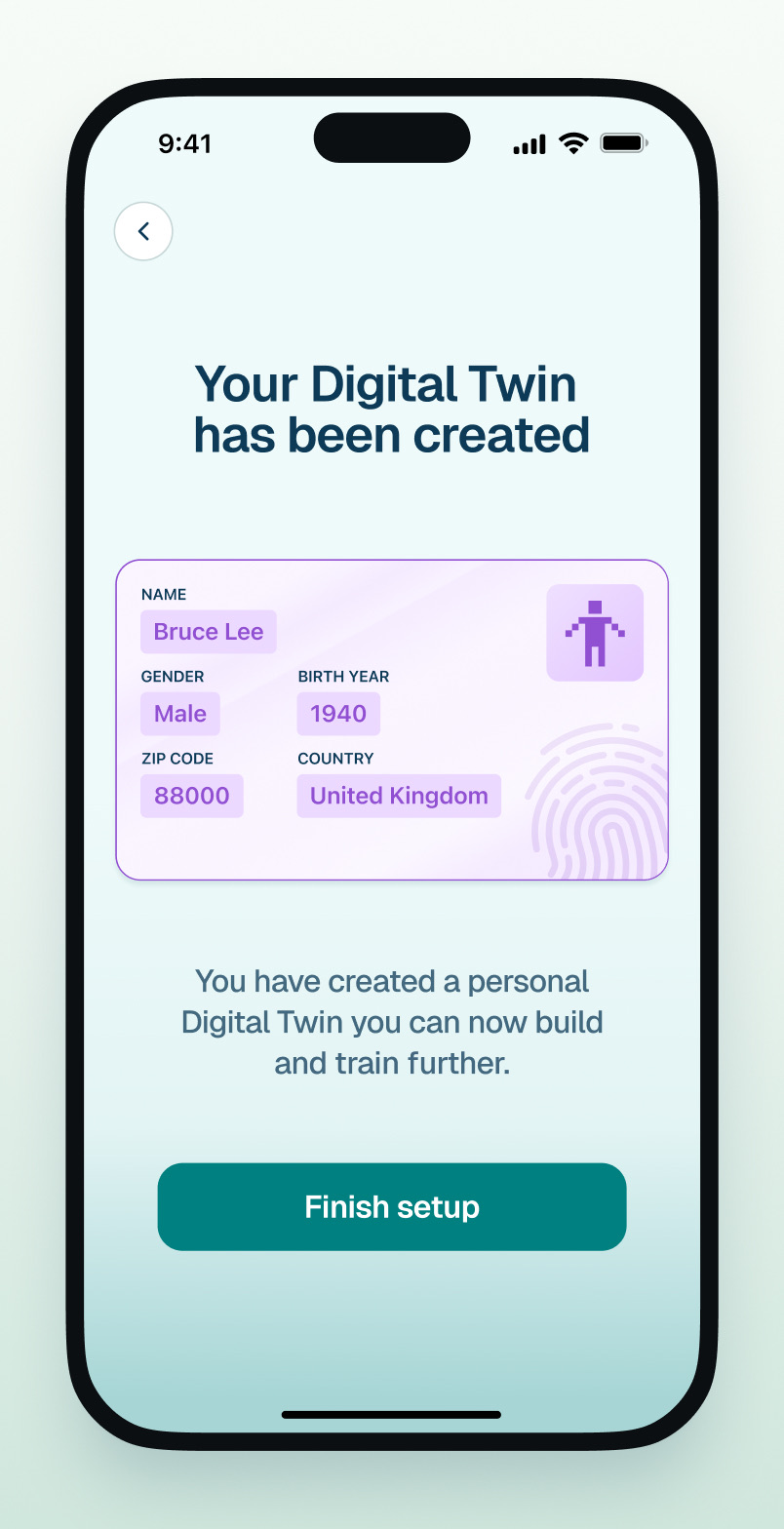 Twineo screen confirming your Digital Twin has been created, with its ID card
