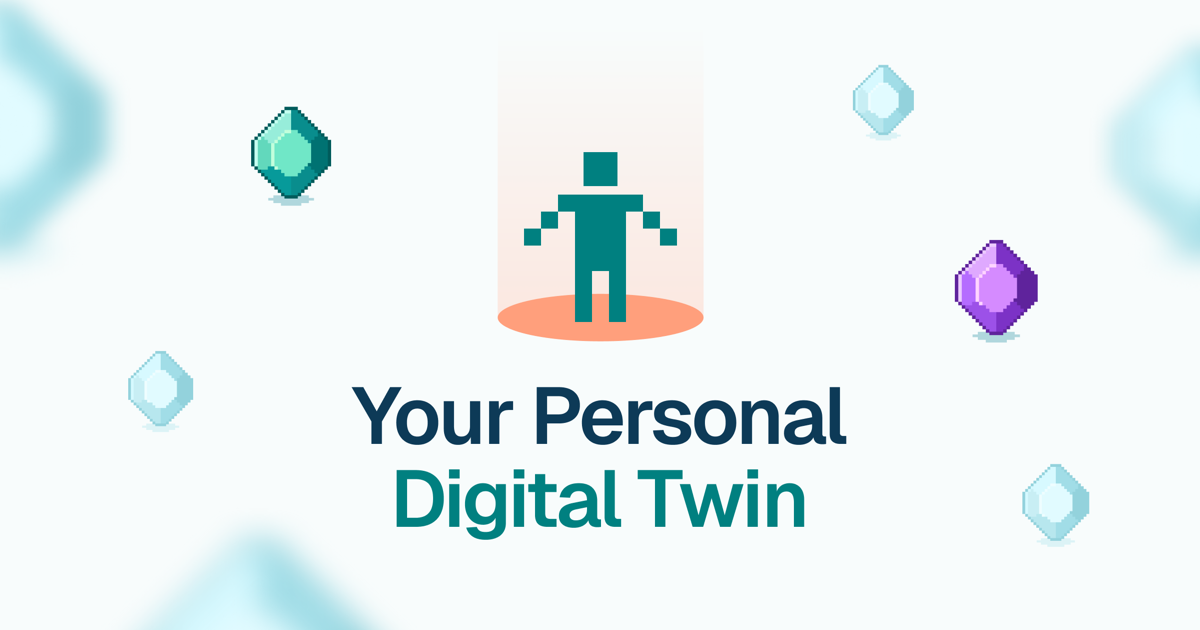 Twineo 2.0: Your Personal Digital Twin, with the pixel Twin surrounded by gems